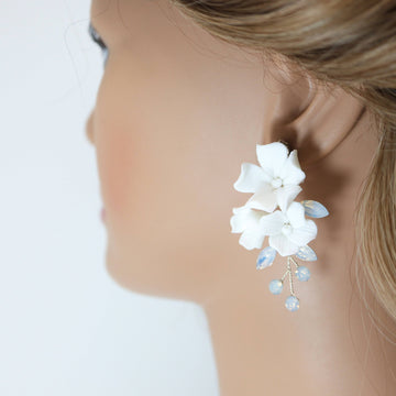 Swarovski Ceramic Opal White Flower Sparkling Crystal Long Bridal Jewelry Crystal Bridal Earrings Statement Earrings Cz
